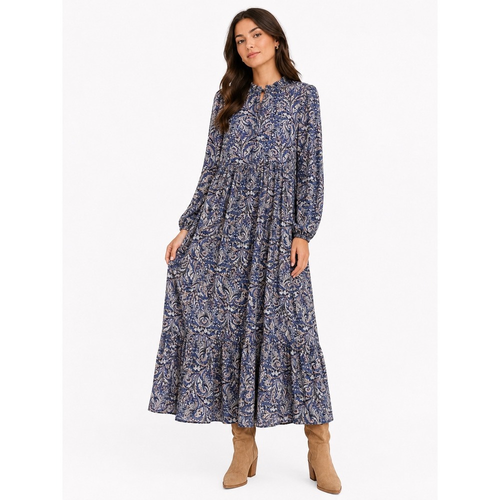 Boture Maxi Dress Womens Large Blue Paisley Tiered Long Sleeve Boho Cottagecore